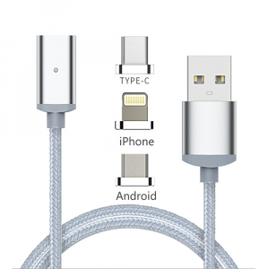Câble USB magnetique 3 en 1 renforcé - Lightning / micro USB / Type C - Gris