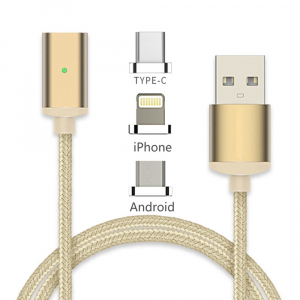 Câble USB magnetique 3 en 1 renforcé - Lightning / micro USB / Type C - Or